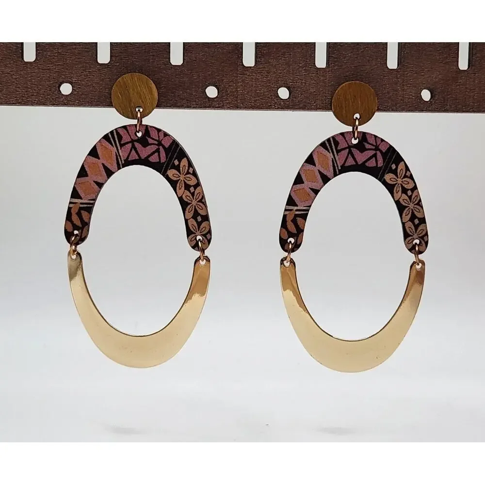 Boho Oval Geometric Wood and Gold Tone Metal Mixed Media Dangle Earrings